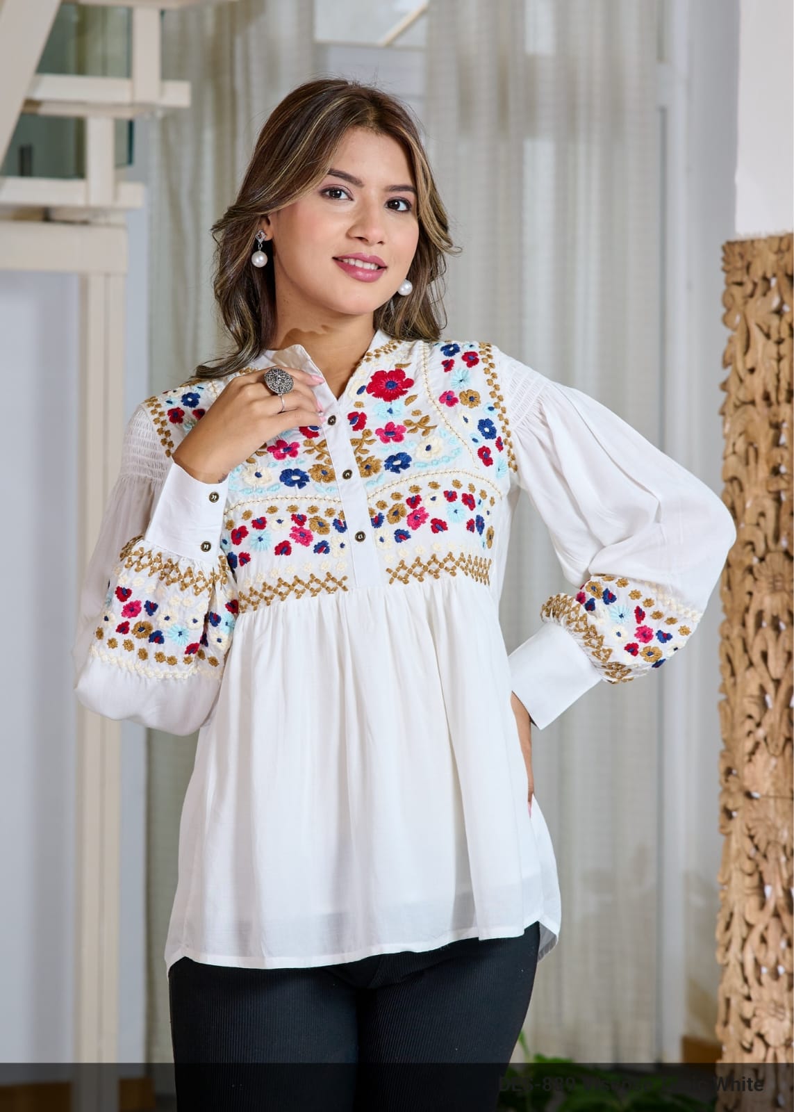 Crisp White Floral Embroidered Viscose Tunic